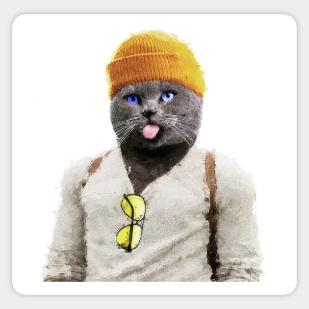Hipster Cat in Oil: A Feline Fashionista Masterpiece Sticker by thelazypigeon